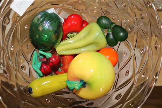 A Venetian glass bowl, probably Salviati containing Murano glass fruit